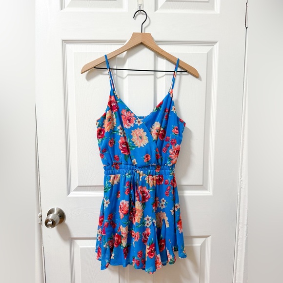 Francesca’s Miami blue colorful bright pink floral flirty romper wrap dress cute - Picture 1 of 10